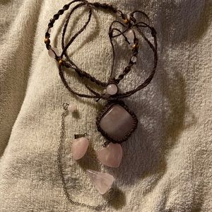 Rose quartz set: necklace on woven cord, 2 pendants & rose quartz pendulum.